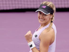 Eugenie Bouchard of Canada celebrates a match point against Kayla Day of the United States at the WTA Guadalajara Open Akron on October 18, 2022 in Zapopan, Mexico.