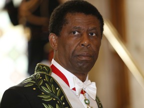 Dany Laferrière wearing his Academician suit, is pictured on May 28, 2015 in Paris, prior to his official entry ceremony as member of the prestigious Académie Française (French Academy), the body that has the task of acting as an official authority on the French language.