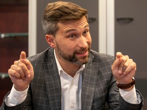 Québec solidaire co-spokesperson Gabriel Nadeau-Dubois speaks to the Gazette editorial board in Montreal on Sept. 21, 2022.
