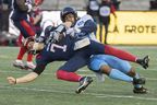 Alouettes quarterback Trevor Harris (7) is sacked by Toronto Argonauts’ Ali Fayad  during second half CFL football action in Montreal on Saturday, October 22, 2022 