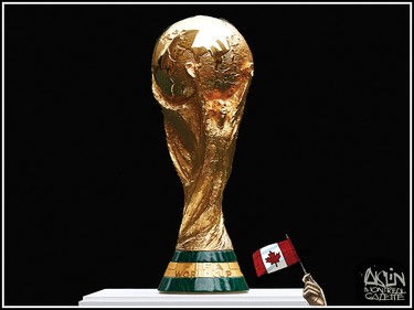 2026 FIFA World Cup Trophy on display before press conference at Rockefeller Plaza. Thursday, June 16, 2022, in New York. (AP Photo/Noah K. Murray)