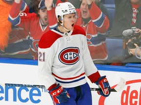 Montreal Canadiens defenceman Kaiden Guhle celebrates after scoring during the third period against the Sabres in Buffalo on Oct. 27, 2022.