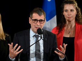 Quebec Conservative Leader Eric Duhaime speaks at the Conservative election night headquarters in Lac-Delage, Que., Monday, Oct. 3, 2022.