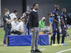 CF Montréal head coach Wilfried Nancy looks on from the sideline against Santos Laguna during the second half of the second leg of their 2022 CONCACAF Champions League soccer game in Montreal, Wednesday, February 23, 2022.