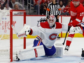 Montreal Canadiens goaltender Jake Allen makes a save in the second period against the Red Wings at Little Caesars Arena in Detroit on Oct. 14, 2022