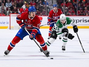 Canadiens defenceman Arber Xhekaj (72) plays the puck at the blue line against the Dallas Stars during the first period at Bell Centre in Montreal on Saturday, Oct. 22, 2022.