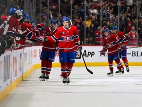 Montreal Canadiens defenceman Arber Xhekaj celebrates with teammates after scoring his first NHL career goal during the second period against the Dallas Stars at the Bell Centre on Saturday, October 22, 2022.