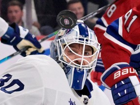 Maple Leafs goalie Matt Murray (30) tracks the puck during the second period of the game against the Montreal Canadiens at the Bell Centre on Wednesday, Oct. 12, 2022.