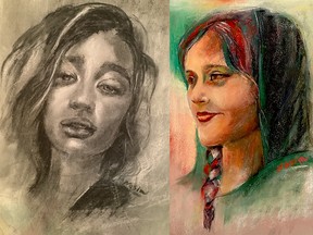 A charcoal portrait of Sarina Esmailzadeh (left), 16, who died after attending protests in Iran over the death in Tehran police custody of 22-year-old Mahsa Amini (right).