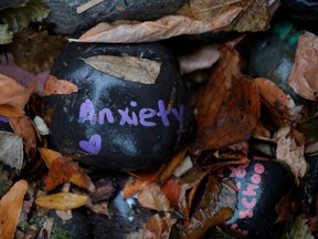 A stone with the word "Anxiety" forms part of the "COVID-19 Cairn," which "stands to honor our community's journey through the landscape of COVID-19," at Tufts Medical Center in Boston.