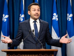 Parti Quebecois Leader Paul St-Pierre Plamondon speaks at a news conference, Monday, Oct. 17, 2022 at the legislature in Quebec City.