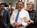 Coalition Avenir Québec Leader François Legault and wife Isabelle Brais watch the election results in Quebec City, Monday, Oct. 3, 2022.