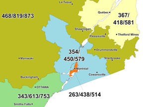 Telephone area codes of southern Quebec.