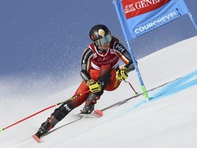 Canada's Valerie Grenier speeds down the course during an alpine ski, women's World Cup giant slalom, in Meribel, France, Sunday, March 20, 2022. Women's World Cup ski racing is coming to Mont-Tremblant, Que. Alpine Canada and the ski resort northwest of Montreal have conditional approval from skiing's world governing body for annual women's giant slalom races from 2023 to 2025, Alpine Canada said Tuesday in a statement.