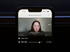 Andrea Skinner, interim chair of the Board of Directors, Hockey Canada, is pictured on ParlVU as she appears virtually as a witness at a House of Commons Committee on Canadian Heritage on Parliament Hill in Ottawa on Oct. 4, 2022.
