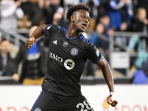 CF Montréal midfielder Ismael Kone celebrates after scoring a goal against Orlando City during the second half at Saputo Stadium on Sunday, Oct. 16, 2022, in Montreal.