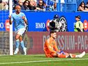 New York City forward Heber (9) celebrates after scoring a goal against CF Montréal goalkeeper James Pantemis (41) during the first half during the conference semifinals for the Audi 2022 MLS Cup Playoffs at Saputo Stadium on Sunday, Oct. 23, 2022, in Montreal. 