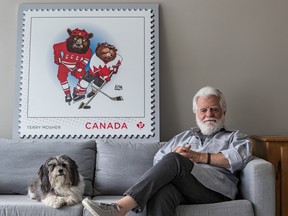Montreal Gazette cartoonist Terry Mosher, a.k.a. Aislin, in Lachine on Wednesday, Sept. 15, 2021, has had one of his cartoons from the '72 Canada/Russia series chosen for a postage stamp.