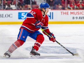 Montreal Canadiens' Rem Pitlick carries the puck during third period against the Ottawa Senators in Montreal on April 5, 2022.