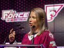 Extended version as Montreal Force forward Anne-Sophie Bethes speaks during a press conference at the Montreal Casino on August 30, 2022.
