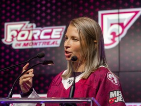 The expansion Montreal Force forward Ann-Sophie Bettez speaks during a news conference at the casino in Montreal on Aug. 30, 2022.