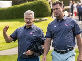 Montreal Canadiens alumnus Chris Nilan, left, and Stéphane Richer during the team's annual charity golf tournament at Laval-sur-le-Lac on Sept. 9, 2019.