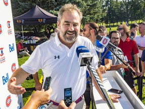 Canadiens president and co-owner Geoff Molson speaks to reporters prior to the team's annual golf tournament in Laval, north of Montreal Monday Sept. 12, 2022.
