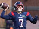 Alouettes quarterback Trevor Harris throws a pass against the Ottawa Redblacks in Montreal on Oct. 10, 2022. 