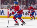 Montreal Canadiens defenceman Arber Xhekaj passes during first period against the Arizona Coyotes in Montreal on Oct. 20, 2022.
