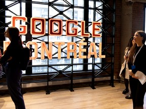 A sign in Google's downtown Montreal office was designed to play off the Five Roses Flour landmark sign in Old Montreal.