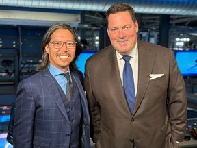 TSN reporter John Lu, left, and play-by-play commentator Dan Robertson took new jobs this season, leaving Montreal and moving to Winnipeg to cover the Jets. Robertson had been doing radio play-by-play for TSN 690 in Montreal and shifted to TV in Winnipeg, while Lu was a TV reporter in Montreal, the same position he holds in Winnipeg.
