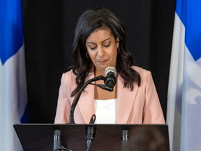 Dominique Anglade pauses to compose herself while announcing her resignation as leader of the Quebec Liberal Party and as MNA for Saint-Henri-Sainte-Anne in Montreal Monday Nov. 7, 2022.