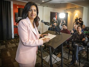 Quebec Liberal Party Leader Dominique Anglade takes to the podium to announce her resignation as party leader and as MNA in Montreal Monday November 7, 2022. Daughter Clara sits in the front row, right. "The death by a thousand cuts that she has been subjected to by a parade of minor players was shameful," Tom Mulcair writes.