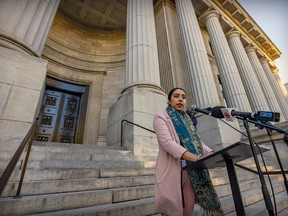 Harginder Kaur of the World Sikh Organization speaks to reporters on the steps of the Quebec Court of Appeal in Montreal on Monday, November 7, 2022. The court is hearing appeals of Bill 21, Quebec's secularism law.