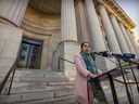 Haginder Kaur of the World Sikh Organization speaks to reporters on the steps of the Court of Appeals of Quebec in Montreal, Monday, November 7, 2022. The court is hearing an appeal of Bill 21, Quebec's secular law.