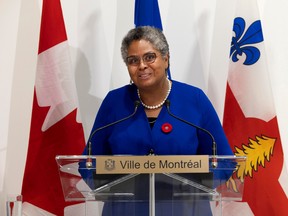 Montreal executive committee chairperson Dominique Ollivier speaks to the media after a forum to find ways to diversify the city's revenue sources on Monday, November 7, 2022.