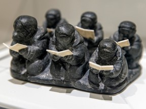 An untitled work by Ennutsiak depicting Inuit bible class on display at Tusarnitut!, Music Born of the Cold, at the Montreal Museum of Fine Arts.