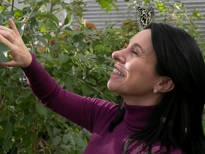 A butterfly breezes past Montreal Mayor Valérie Plante at the Insectarium following an announcement on the city's new pollinator protection program on Wednesday November 9, 2022.