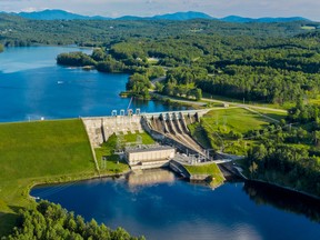 An aerial view of Great River Hydro's Moore dam and hydropower station on the Connecticut River in Littleton, New Hampshire.