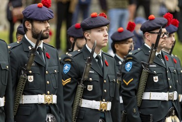 A member of the Black Watch Regiment looks sideways during Remembrance Day ceremony in Montreal on Friday, Nov. 11, 2022.