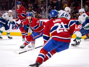 Montreal Canadiens defenceman David Savard (58) in action against the Vancouver Canucks in Montreal on Nov. 9, 2022.