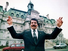 Jean Doré poses in front of city hall after being sworn in as mayor of Montreal on Nov. 20, 1986.