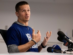 Montreal Alouettes quarterback Trevor Harris speaks during a news conference in Montreal on Monday, Nov. 14, 2022.