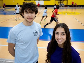 To help raise awareness of osteosarcoma, a type of bone cancer, and raise funds to create a scholarship in memory of their friend Tristano Ricci, Pierrefonds Community High School students Chiara Michakis (right) and Julian Rosa, pictured, organized a futsal tournament held last Thursday. Ricci died due to osteosarcoma, at age 14, in May 2021.