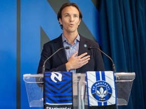 CF Montréal President and chief executive officer Gabriel Gervais was on hand for the launch of the club's logo at Saputo Stadium in Montreal on Nov. 17, 2022.