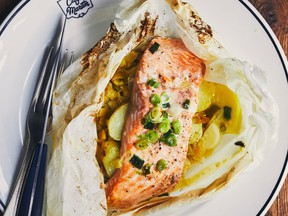 Lesley Chesterman’s Trout en papillote with leeks and potatoes.
