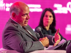 “I would like to see more enthusiasm for returning downtown, but there are realities like employee retention to take into account. When we talk to company executives, we cannot impose a return to work. People are not ready yet,” said Quebec Economy Minister Pierre Fitzgibbon, seen sitting beside Mayor Valérie Plante at Montreal Chamber of Commerce forum on Friday, Nov. 18, 2022.