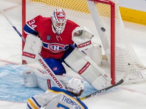 Buffalo Sabres right wing Tage Thompson (72) scores against Montreal Canadiens goaltender Jake Allen (34) during 3rd period NHL action at the Bell Centre in Montreal on Tuesday Nov. 22, 2022.