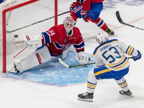 Buffalo Sabres left wing Jeff Skinner (53) scores against Montreal Canadiens goaltender Jake Allen (34) during 2nd period NHL action at the Bell Centre in Montreal on Tuesday Nov. 22, 2022.