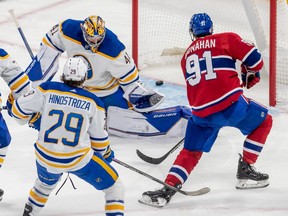 Montreal Canadiens center Sean Monahan (91) scores against Buffalo Sabres goaltender Craig Anderson (41) during 2nd period NHL action at the Bell Centre in Montreal on Tuesday Nov. 22, 2022.